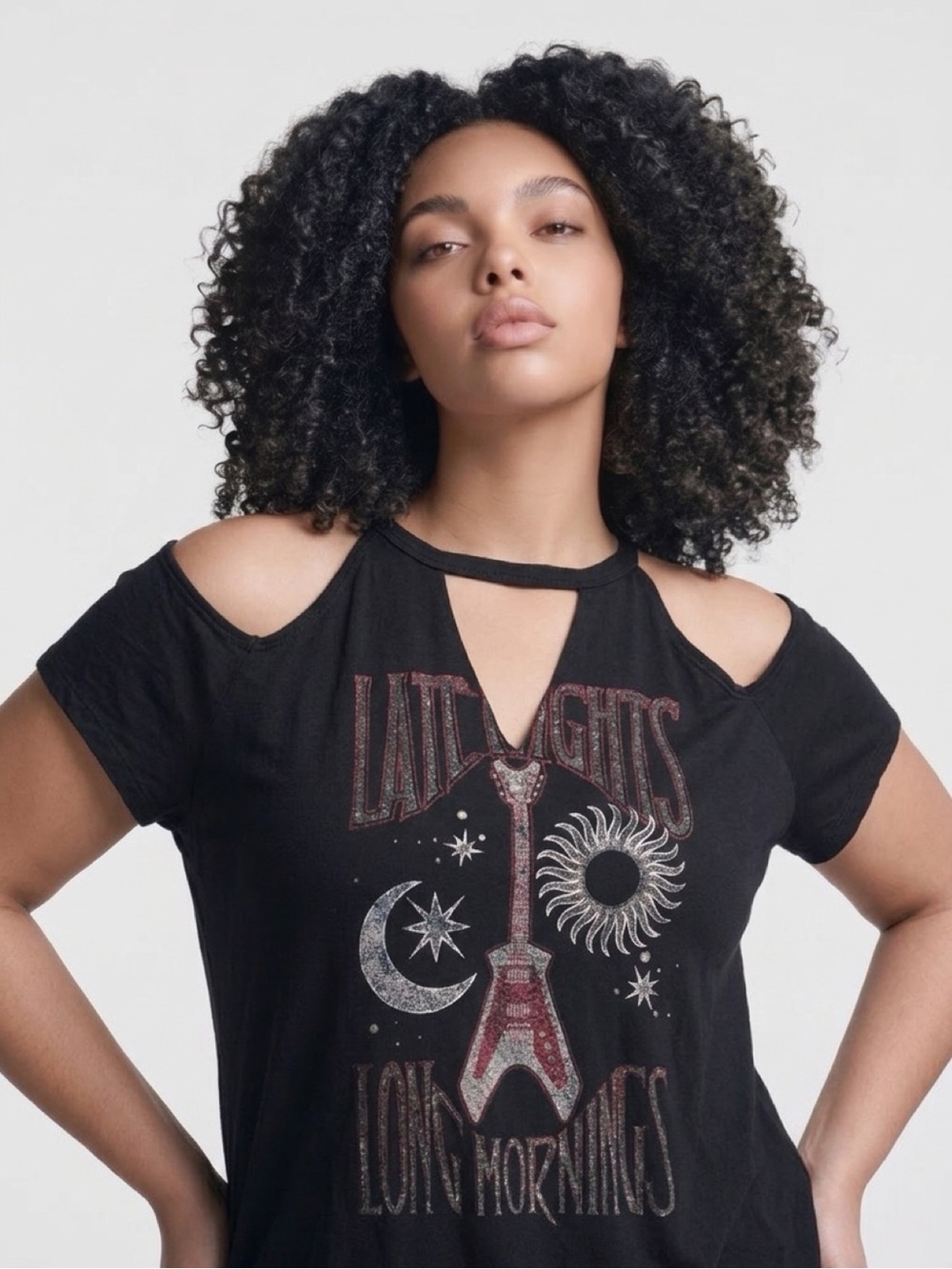 Aeropostale Black Cold Shoulder Graphic Tee Womens XL Guitar Celestial